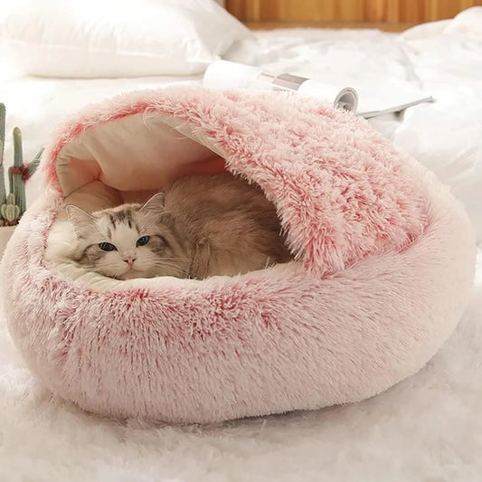 Cat Bed round Plush Fluffy Hooded Cat Bed Cave, Cozy for Indoor Cats or Small Dog Beds, Doughnut Calm Anti-Nxiety Dog Bed